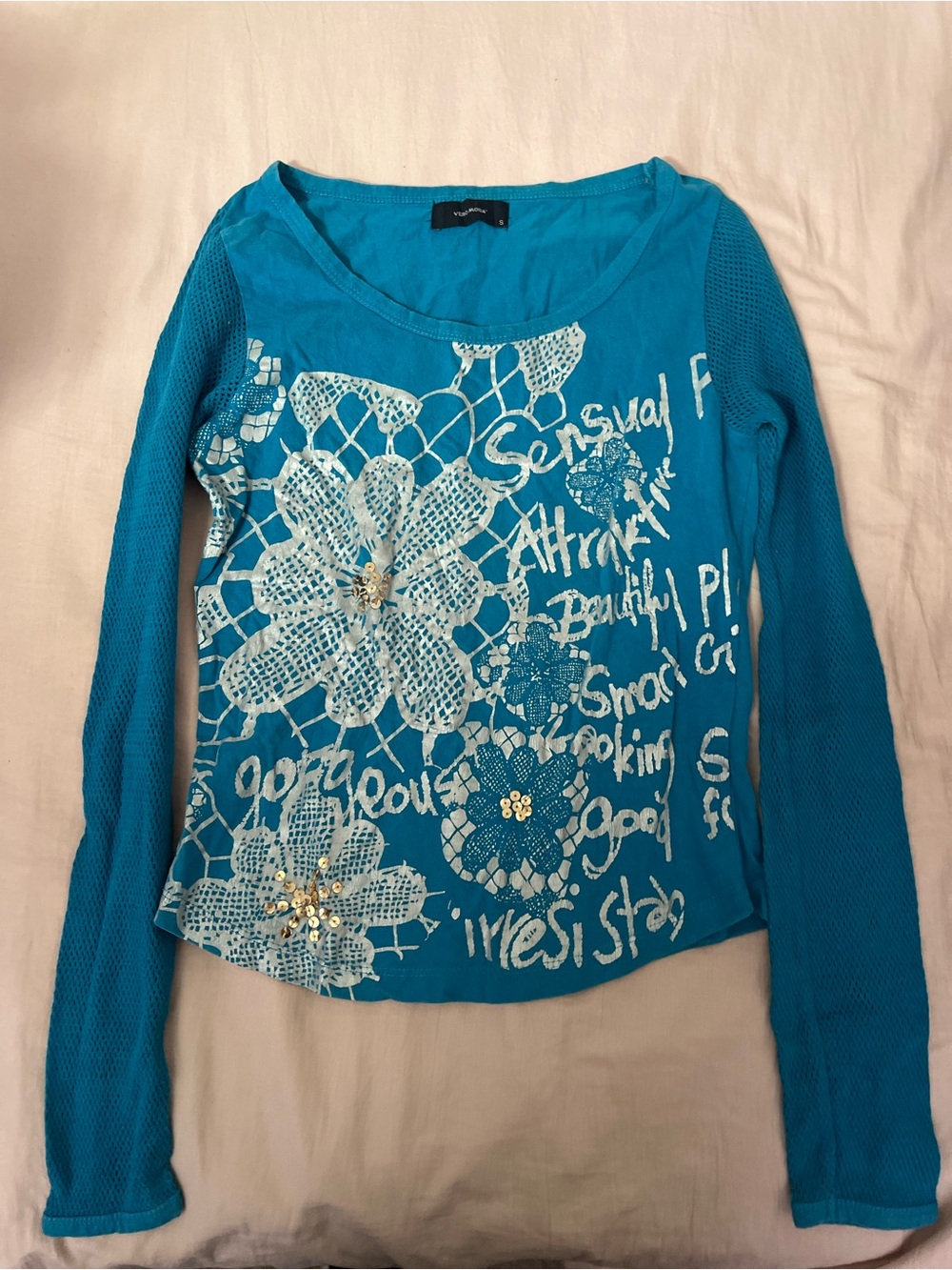 Vero Moda Teal Long-Sleeve Floral Graphic Top with Embellishment